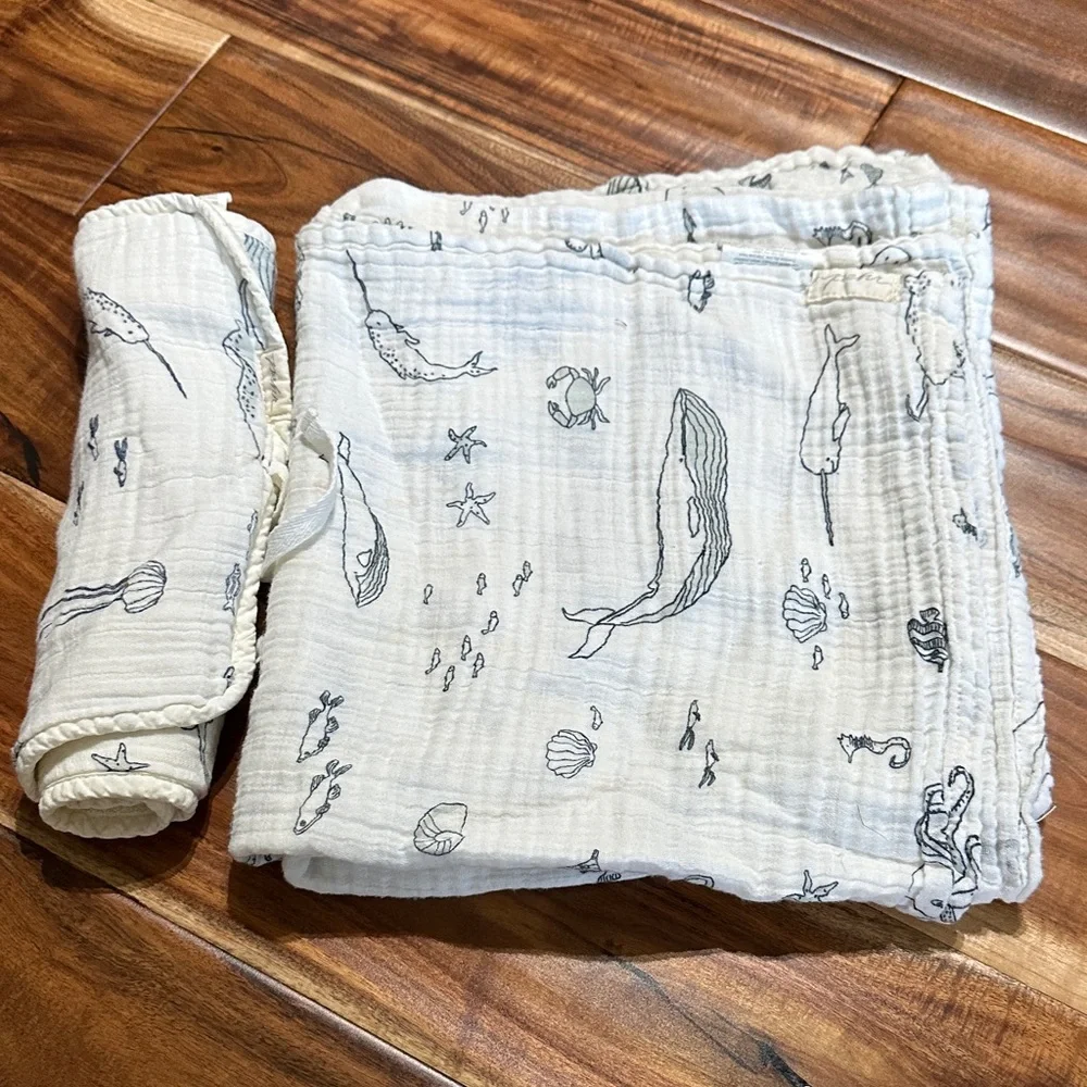 Pehr Swaddle and Burp Cloth with Navy Ocean Print